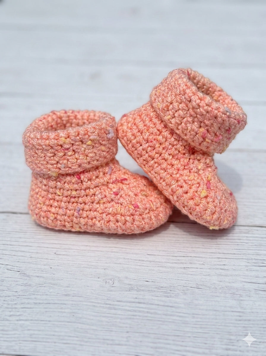 Crochet Baby Booties – 0–3 Months – Pink Speckled Newborn Shoes