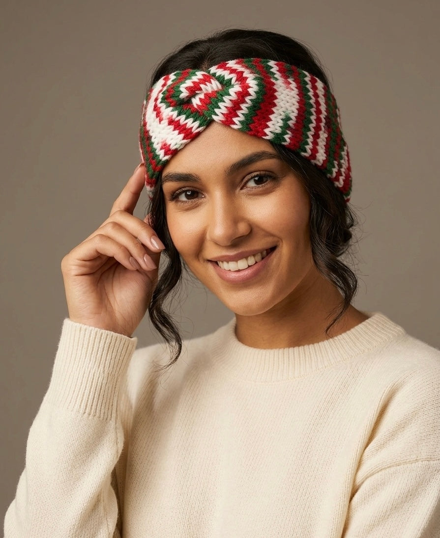 Handmade Christmas Knit Headband | Festive Red, Green, and White