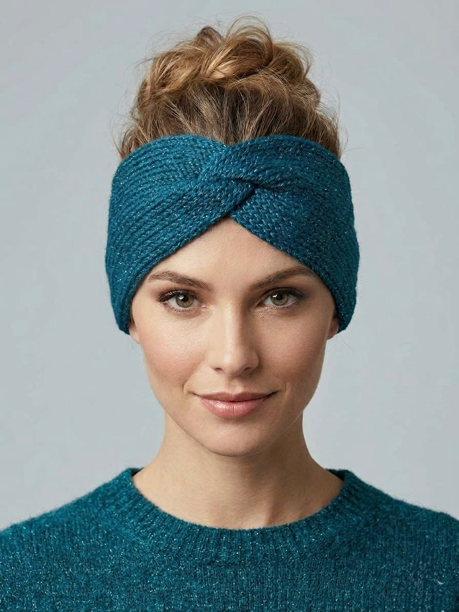 Sparkle Knit Twisted Headband | Adult Winter Ear Warmer Cozy Teal Blue