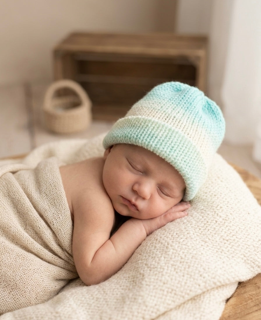 Seamless Mint Ombré Newborn Beanie – Hand-Knit Baby Photography Prop Hat