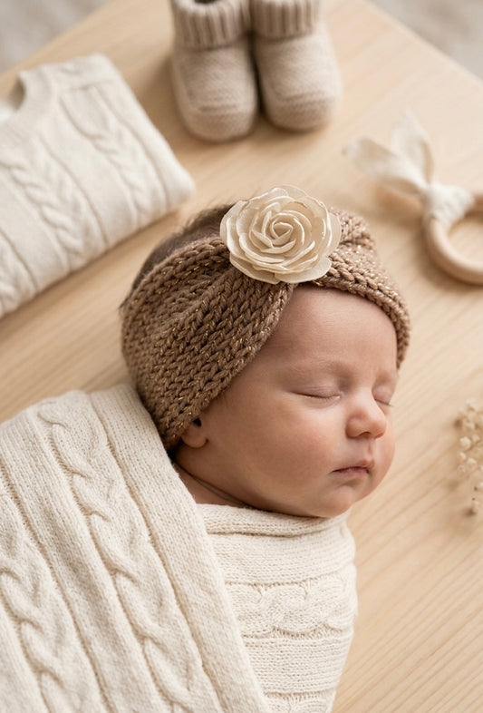 0-3M Glitter Rose Cable Knit Baby Headband | Winter Ear Warmer
