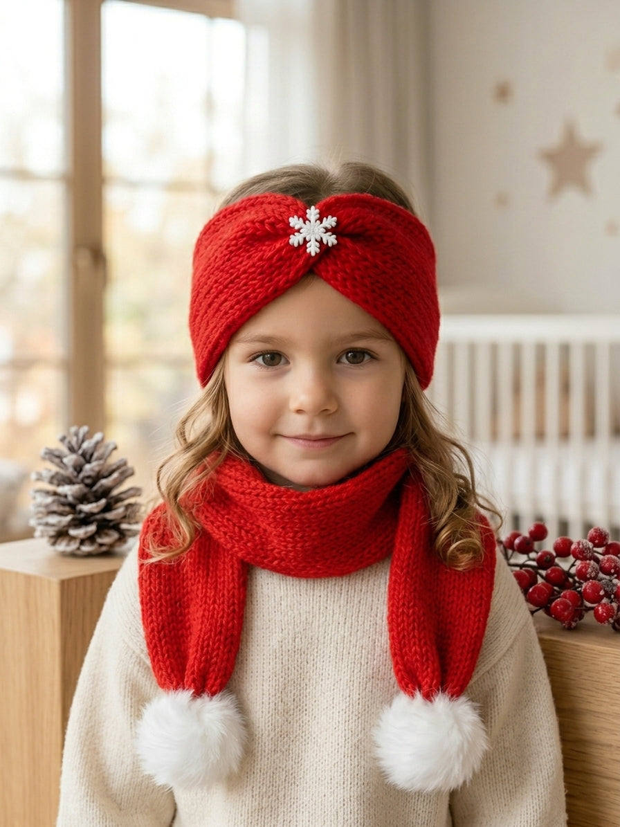 Festive Winter Warmth: Red Knit Toddler Scarf with White Faux Fur Pom-Poms