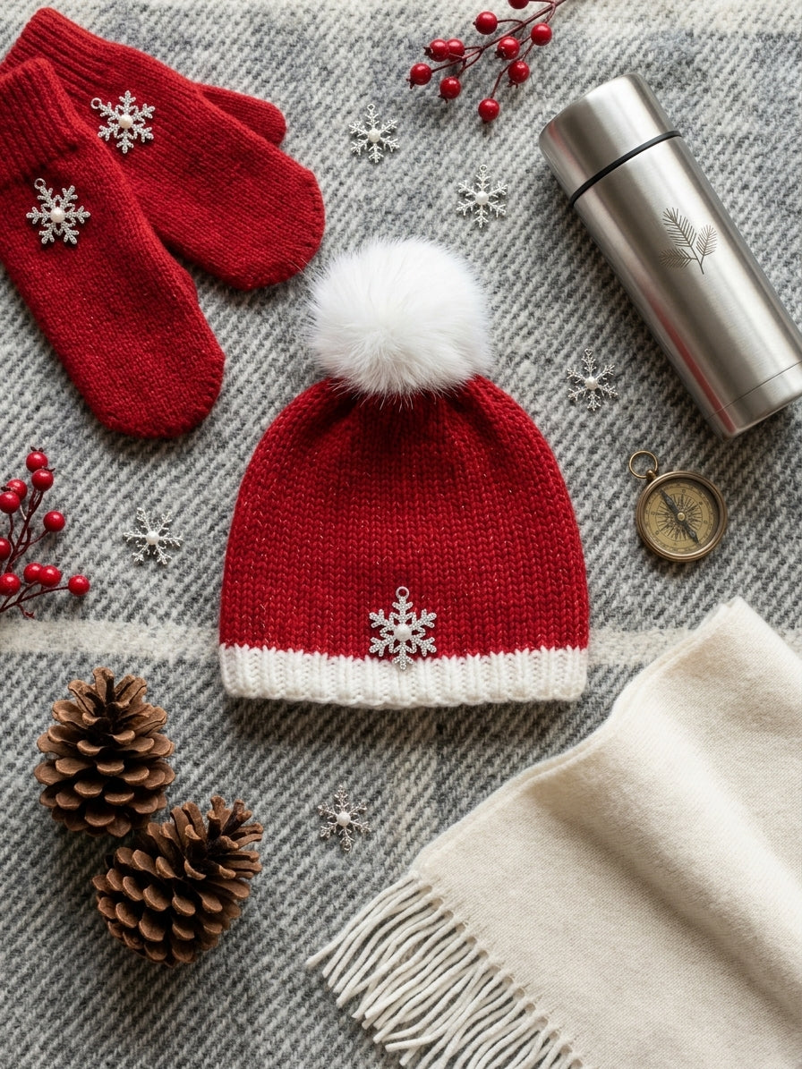 Classic Santa Hat Hand-Knit Beanie with Mini Snowflake Charm