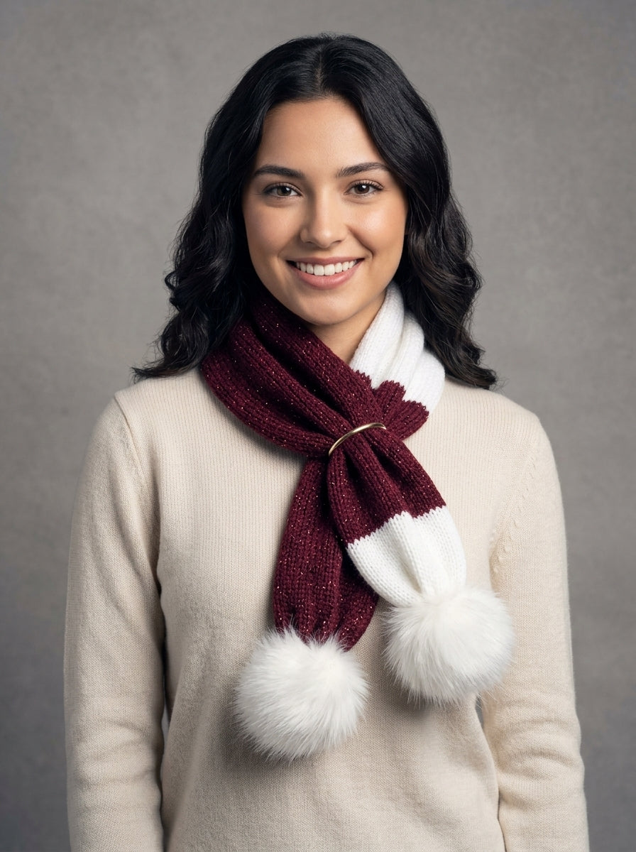 Hand-Knit Scarf with Faux Fur Pom Poms