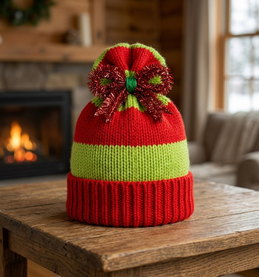 Hand-Knit Holiday Beanie Grinch-Inspired Striped Winter Hat with Red Tinsel Bow