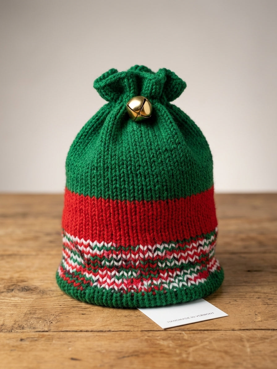 Hand-Knit Holiday Elfin Beanie with Gold Jingle Bell Top