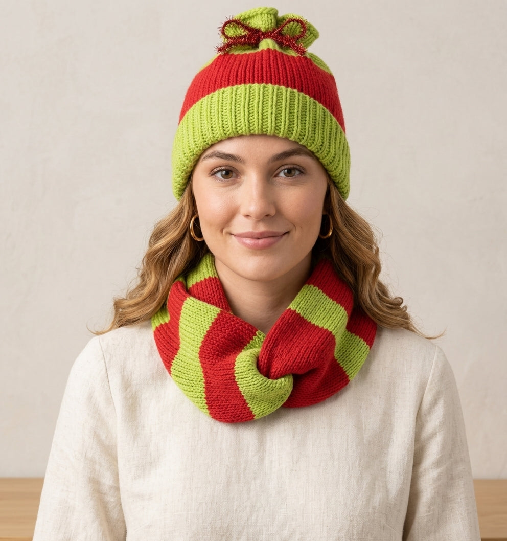 Chunky Knit Twisted Infinity Scarf | Red and Green Striped Neck Warmer