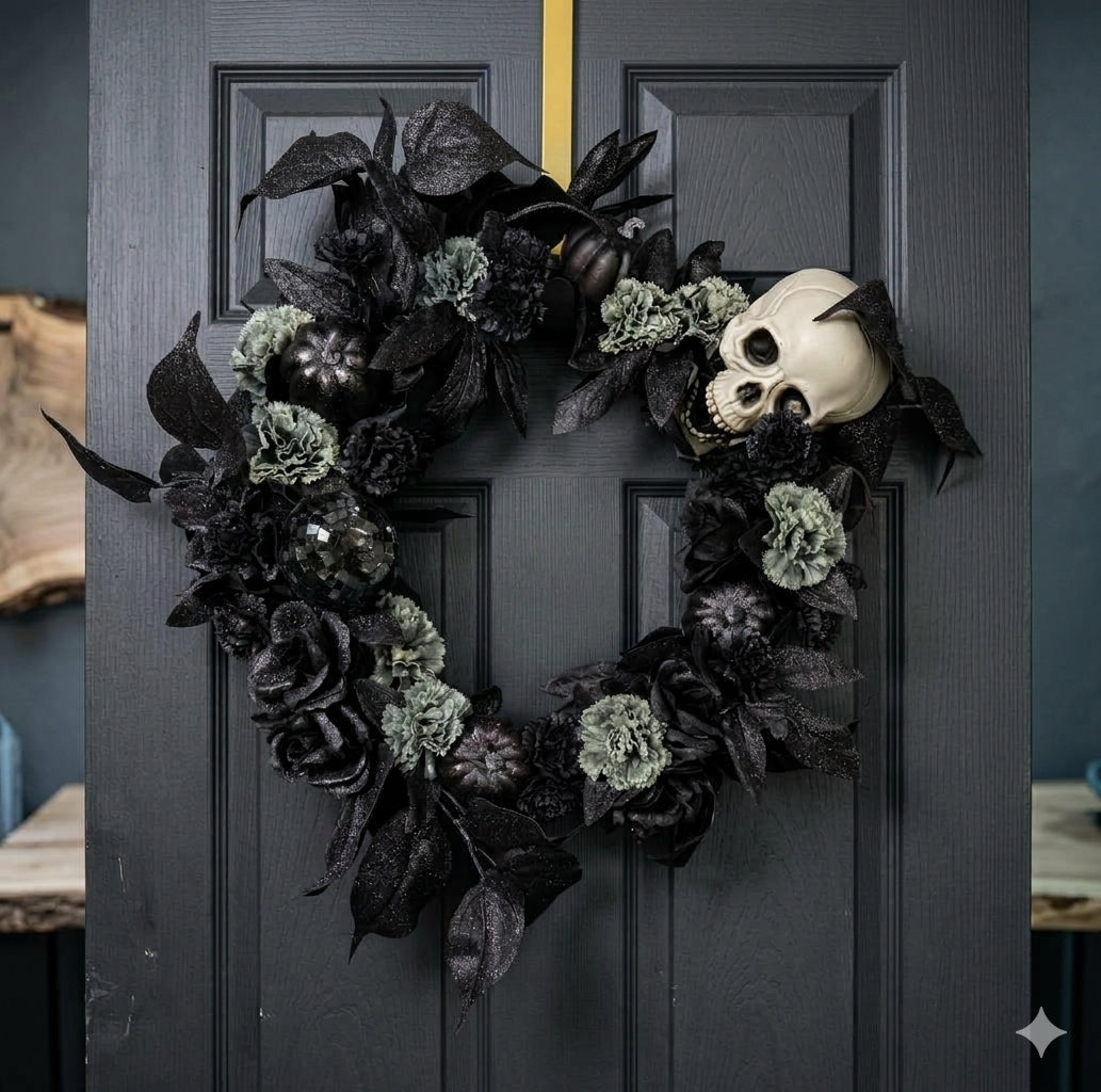 14” Gothic Skull Halloween Wreath – Handmade Front Door Decor with Black Roses & Pumpkins