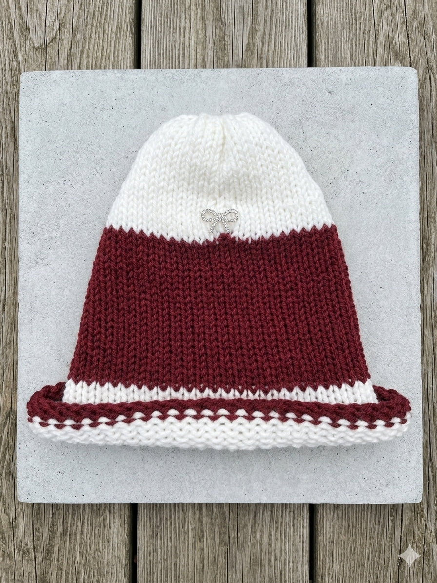 Crimson Game Day Rhinestone Bow Ponytail Beanie – Maroon & White Rolled Brim Knit Hat