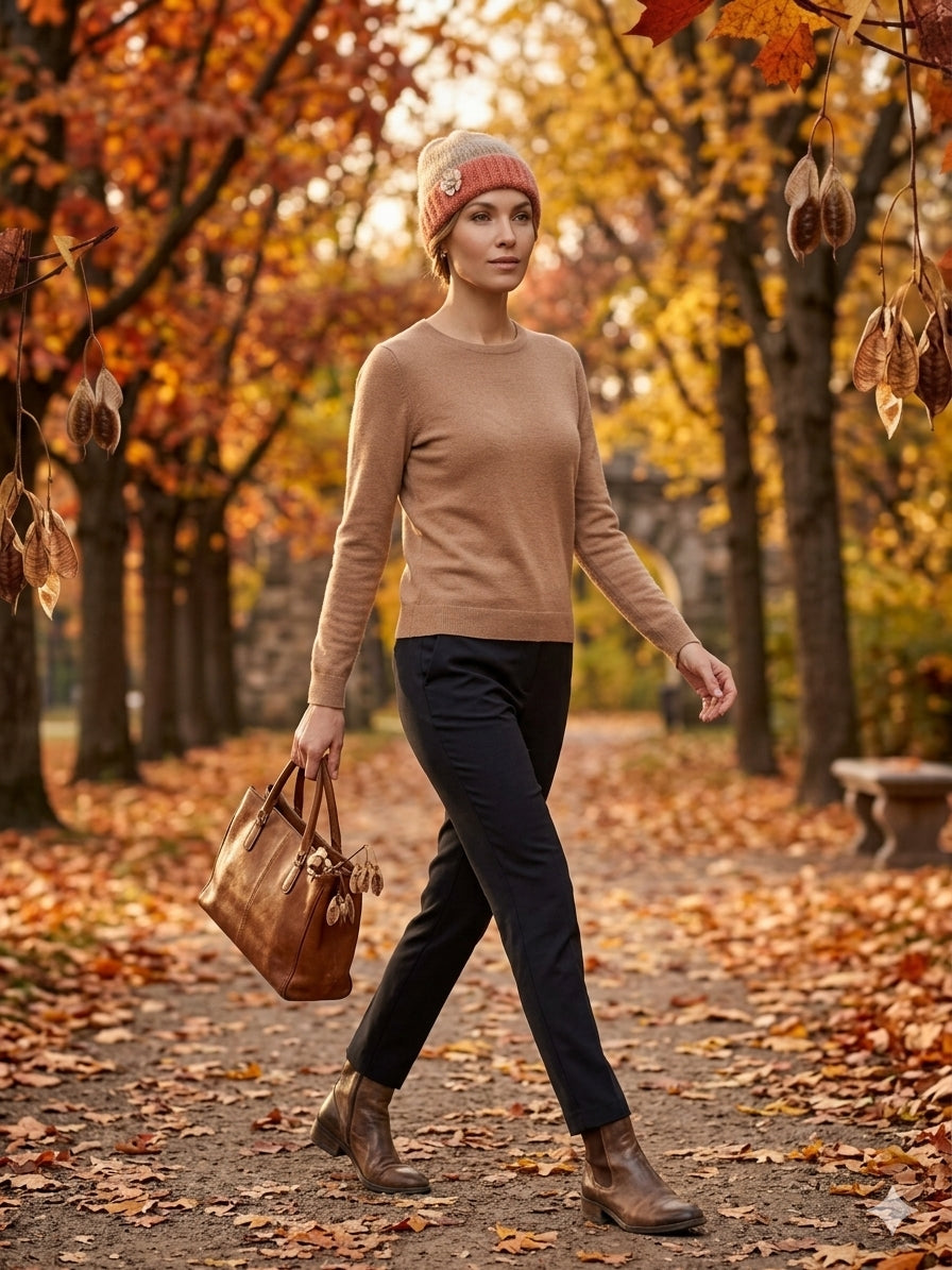 Women's Tricolor Fuzzy Knit Beanie – Flower & Pearl Embellished Hat