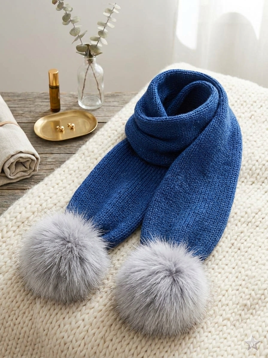 The Luxe Shimmer Knit Scarf – Indigo Sparkle Wrap with Faux Fur Pom Poms