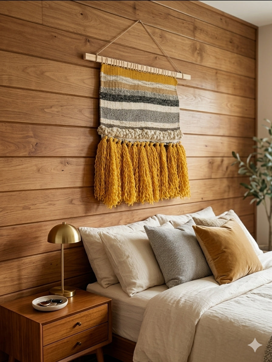 Handmade Woven Wall Hanging – Earthy Neutral and Mustard Yellow Boho Fiber Art