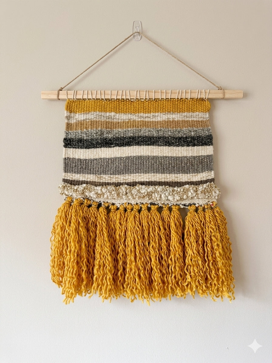 Handmade Woven Wall Hanging – Earthy Neutral and Mustard Yellow Boho Fiber Art