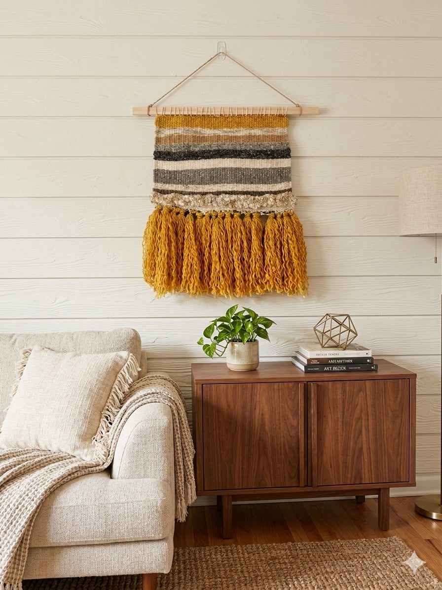 Handmade Woven Wall Hanging – Earthy Neutral and Mustard Yellow Boho Fiber Art