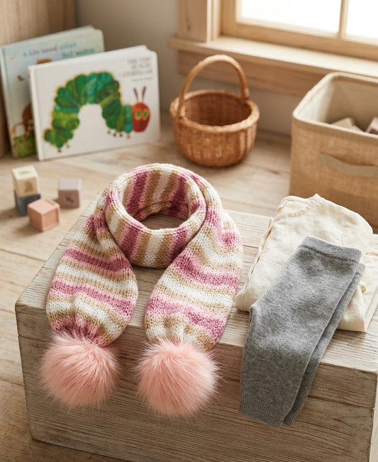 Knit Pink Striped Winter Scarf for Toddlers – Cozy Pom Pom Neck Warmer