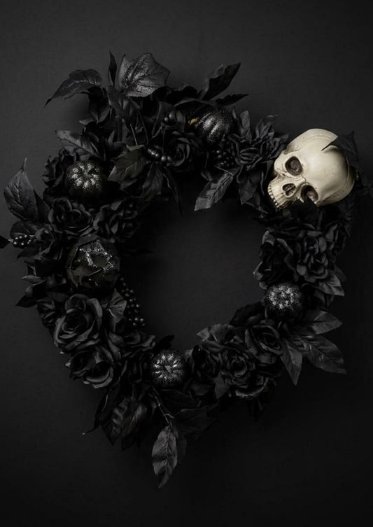14” Gothic Skull Halloween Wreath – Handmade Front Door Decor with Black Roses & Pumpkins