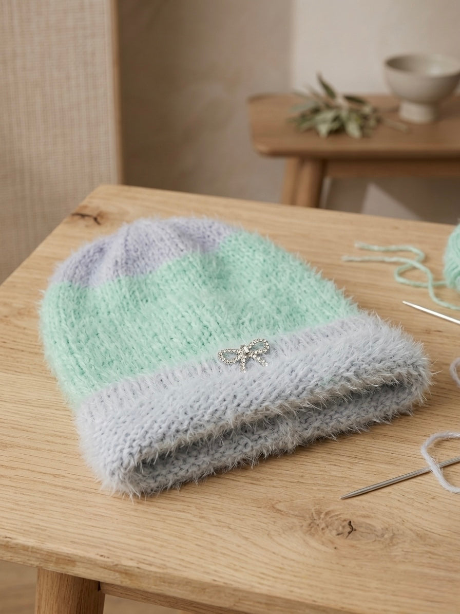 Hand-Knit Fluffy Ponytail Beanie with Crystal Bow Accent – Mint & Powder Blue Messy Bun Hat