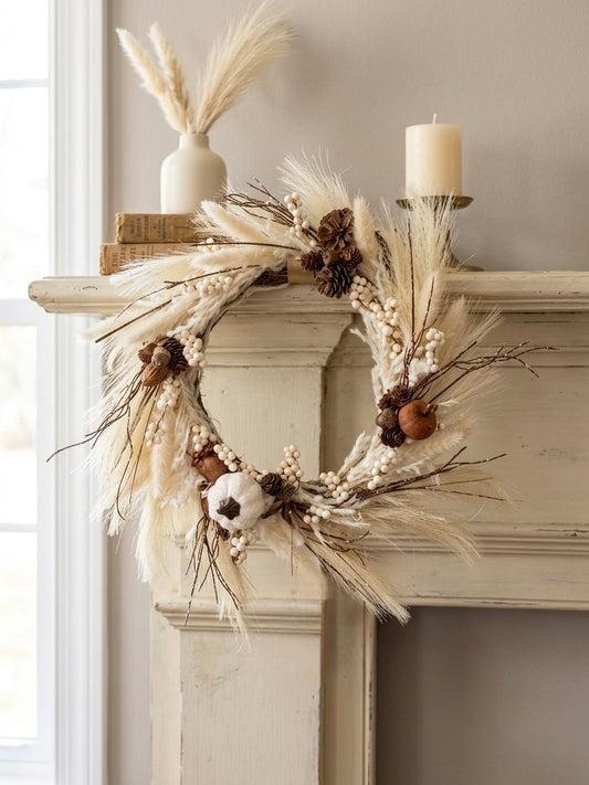 14” Boho Pampas Grass Fall Wreath – Neutral Autumn Front Door Decor with White Pumpkins & Pinecones