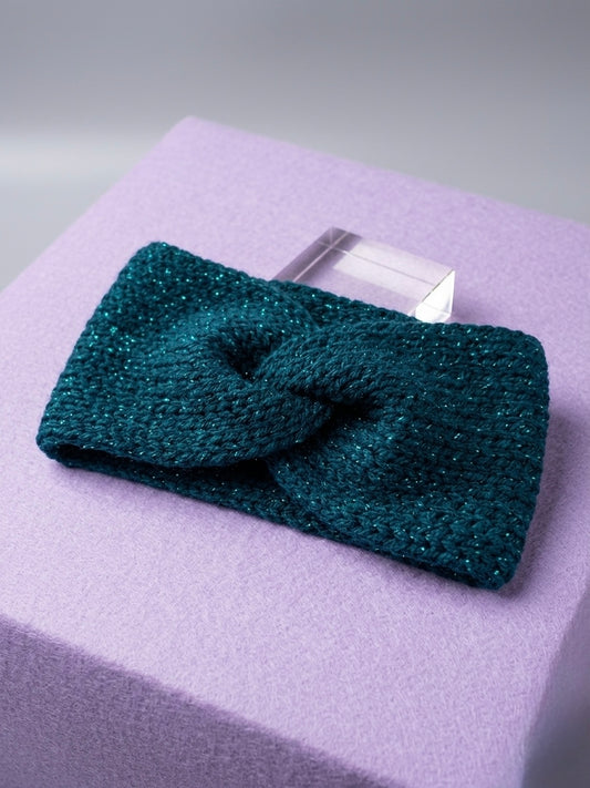 Sparkle Knit Twisted Headband | Adult Winter Ear Warmer Cozy Teal Blue