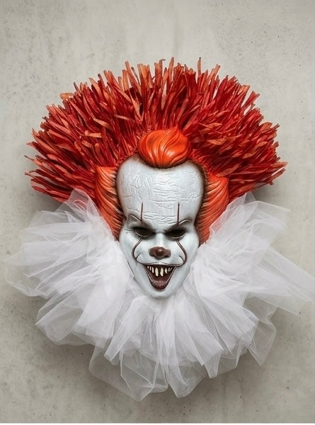 Deluxe 28" Pennywise Halloween Wreath – Large Handmade IT Horror Movie Clown Front Door Decor
