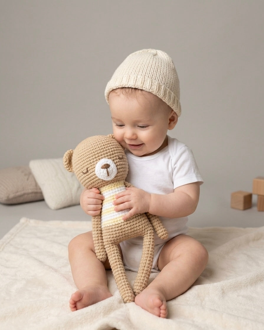 Hand-Crocheted Sleepy Bear Amigurumi Plush Toy – Soft Pastel Nursery Decor