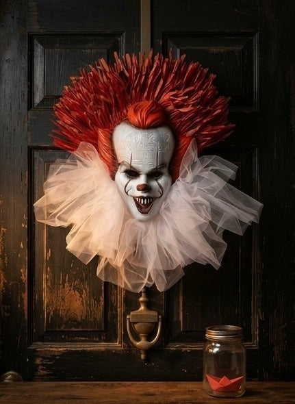 Deluxe 28" Pennywise Halloween Wreath – Large Handmade IT Horror Movie Clown Front Door Decor