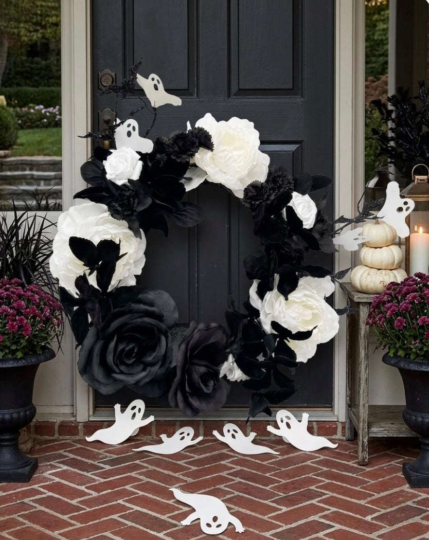 Elegant Black & White Halloween Door Wreath | Ghost & Floral Gothic Decor