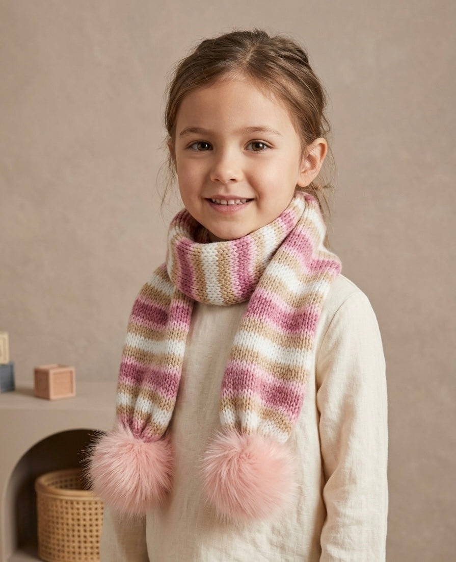 Handcrafted Kids' Striped Knit Scarf with Faux Fur Pom-Poms – Pink & Cream Children's Winter Scarf