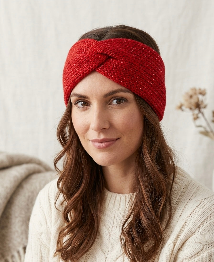 Red Shimmer Twisted Winter Headband | Adult Knit Ear Warmer