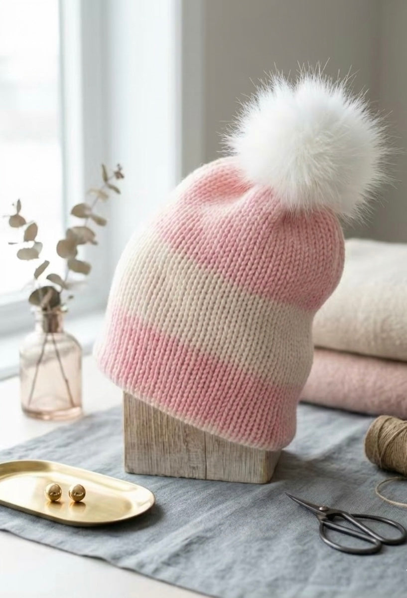 The Willow Convertible Striped Beanie – Detachable Pom Pom Knit Hat
