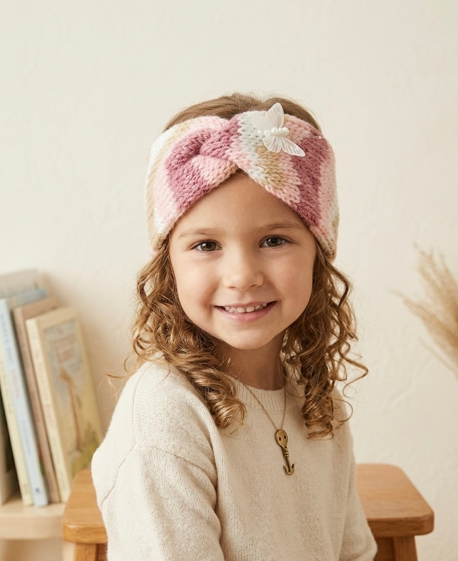 Handcrafted Twisted Knit Headband for Girls – Pink & Cream Ear Warmer with Butterfly Appliqué