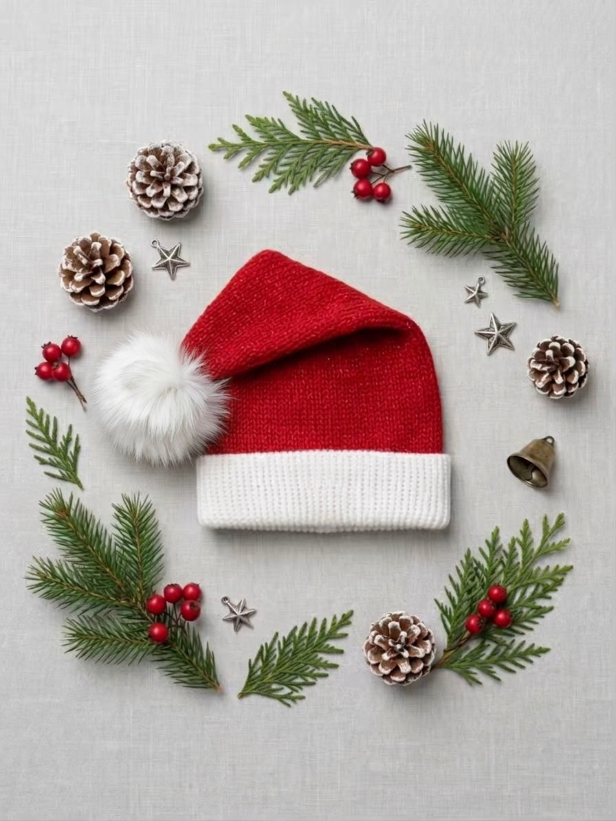Infant Classic Red Slouchy Santa Knit Beanie with Faux-Fur Pom & Snowflake (0-6 Months)