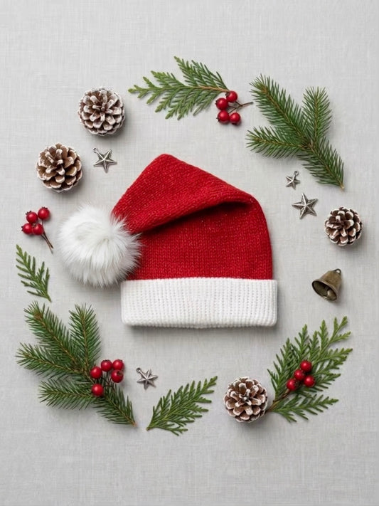 Infant Classic Red Slouchy Santa Knit Beanie with Faux-Fur Pom & Snowflake (0-6 Months)