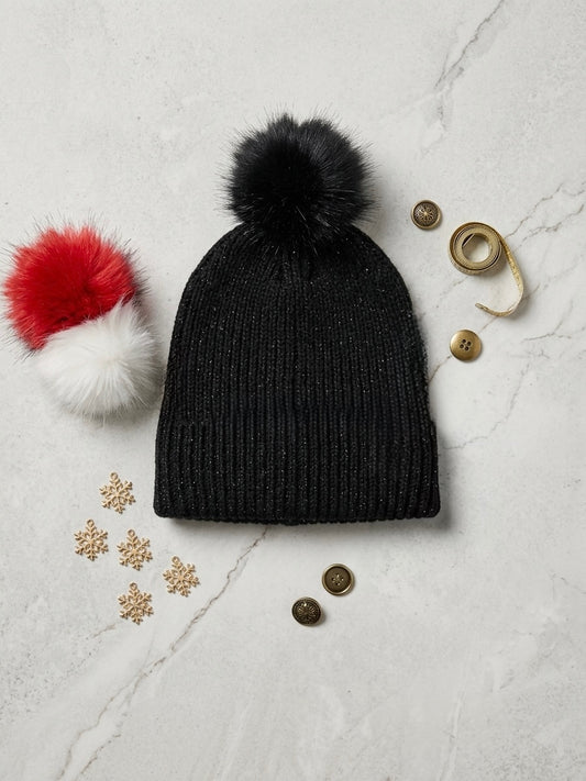 Women's Sparkle Knit Beanie with Interchangeable Faux-Fur Pom-Poms