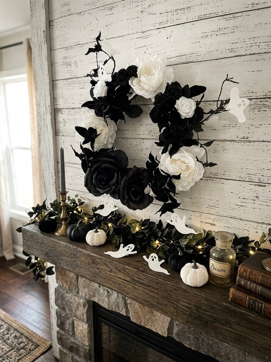 Elegant Black & White Halloween Door Wreath | Ghost & Floral Gothic Decor