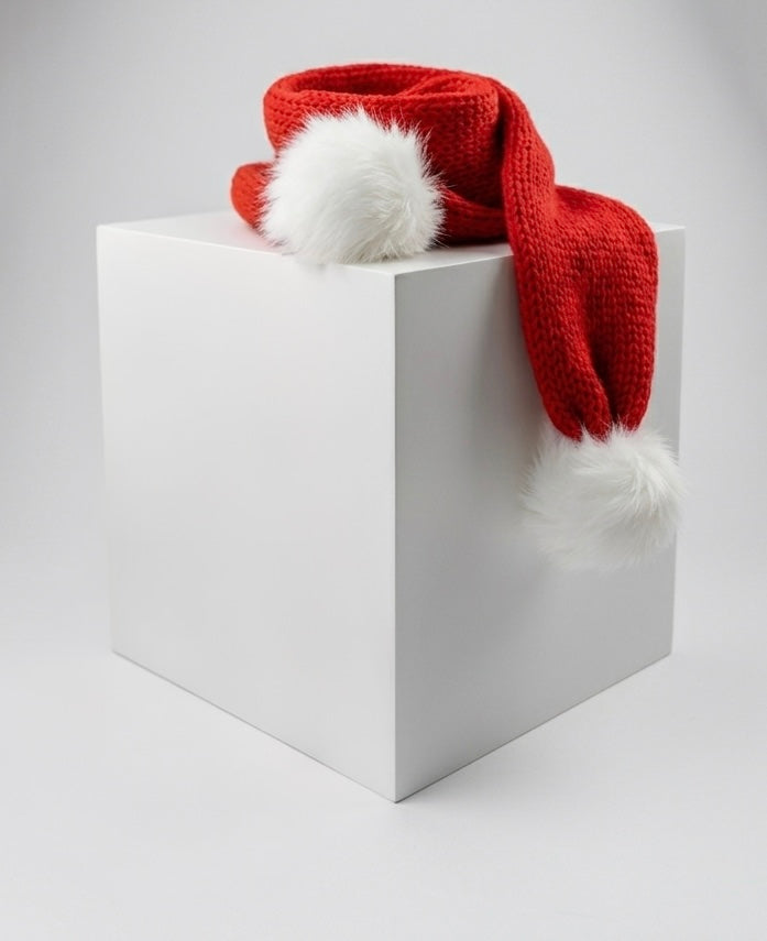 Festive Winter Warmth: Red Knit Toddler Scarf with White Faux Fur Pom-Poms