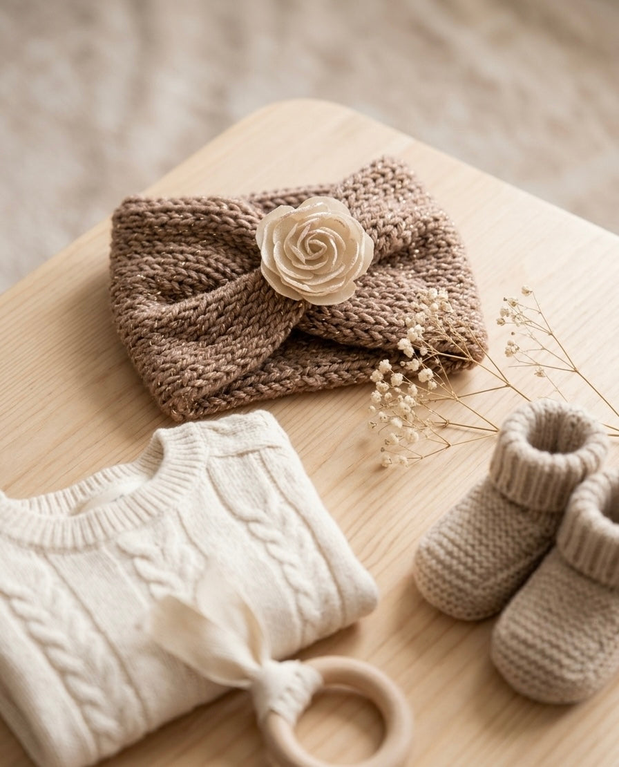 0-3M Glitter Rose Cable Knit Baby Headband | Winter Ear Warmer