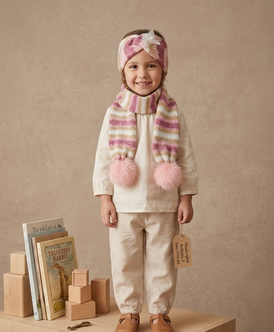 Handcrafted Kids' Striped Knit Scarf with Faux Fur Pom-Poms – Pink & Cream Children's Winter Scarf