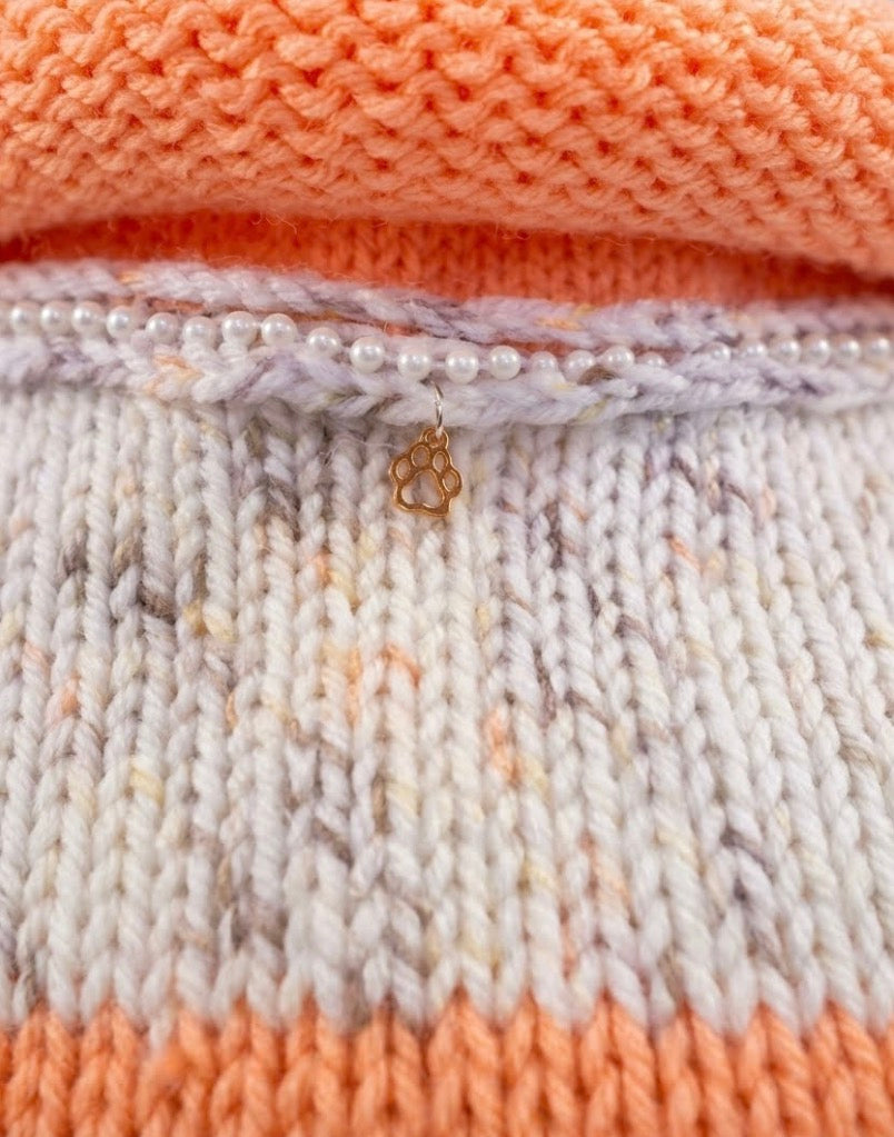 Handmade Medium Dog Turtleneck Sweater - Orange and Off-White Tweed Pet Jumper with Pearl Accent & Paw Charm