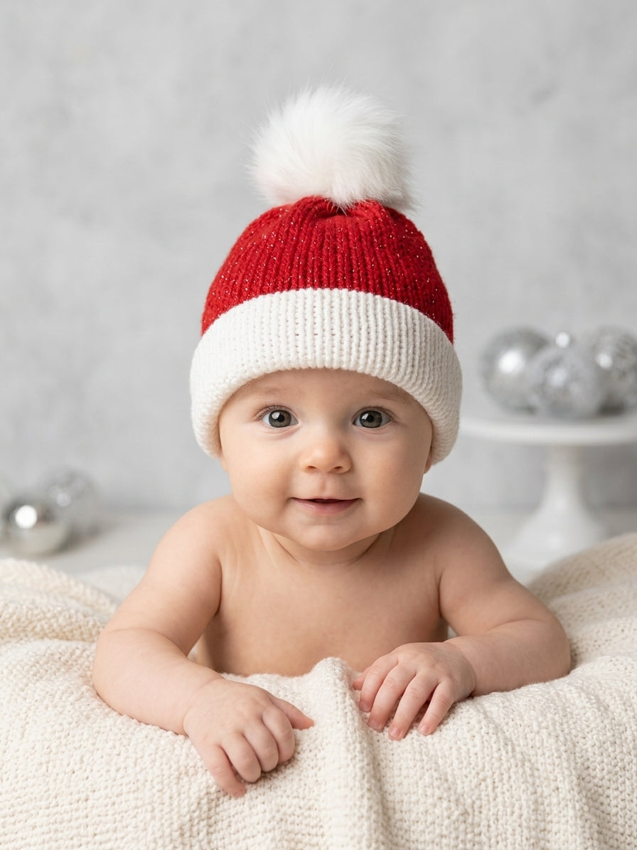 Infant Classic Red Fitted Santa Beanie with Plush Faux-Fur Pom-Pom (0-6 Months)
