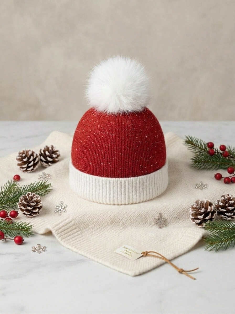 Infant Classic Red Fitted Santa Beanie with Plush Faux-Fur Pom-Pom (0-6 Months)