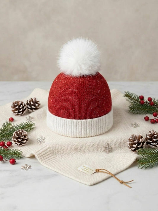 Infant Classic Red Fitted Santa Beanie with Plush Faux-Fur Pom-Pom (0-6 Months)