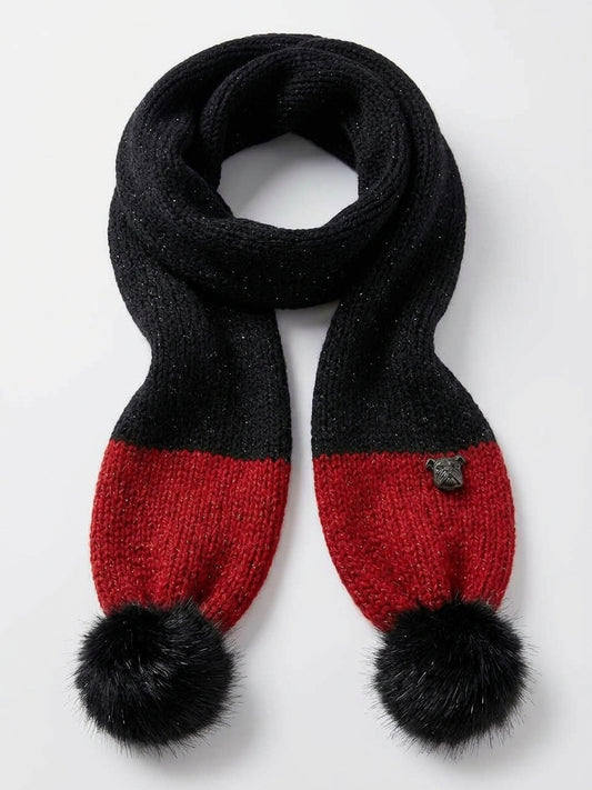 Sparkle Knit Red & Black Scarf with Miniature Bulldog Charm and Faux Fur Pom-Poms