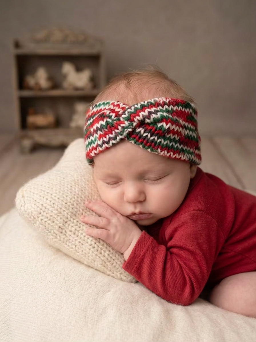 Handmade Baby Twisted Knit Headband - Festive Christmas Red, Green, and White Ear Warmer (0-6 Months)
