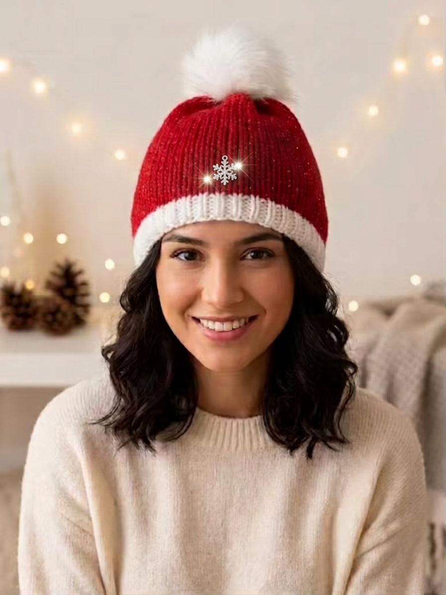 Classic Santa Hat Hand-Knit Beanie with Mini Snowflake Charm