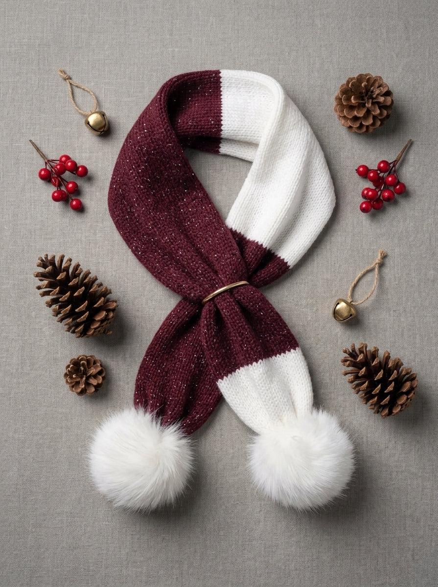Hand-Knit Scarf with Faux Fur Pom Poms