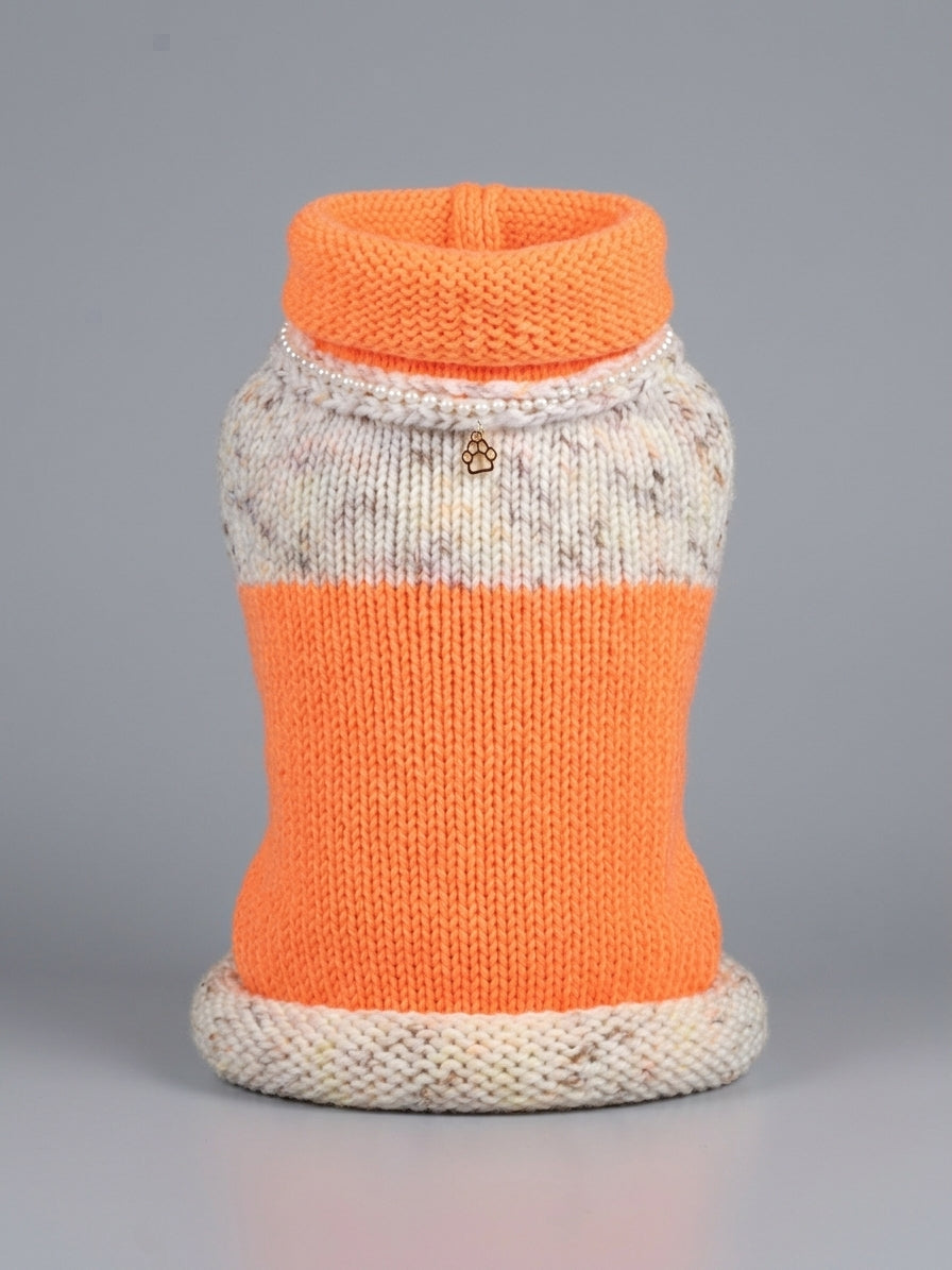 Handmade Medium Dog Turtleneck Sweater - Orange and Off-White Tweed Pet Jumper with Pearl Accent & Paw Charm