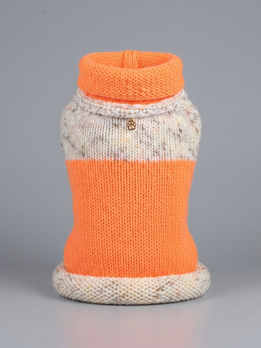 Handmade Medium Dog Turtleneck Sweater - Orange and Off-White Tweed Pet Jumper with Pearl Accent & Paw Charm