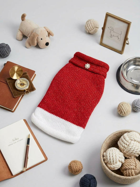 Santa’s Little Helper Holiday Dog Sweater – Festive Red & White Knit with Pearl Brooch Detail-Small