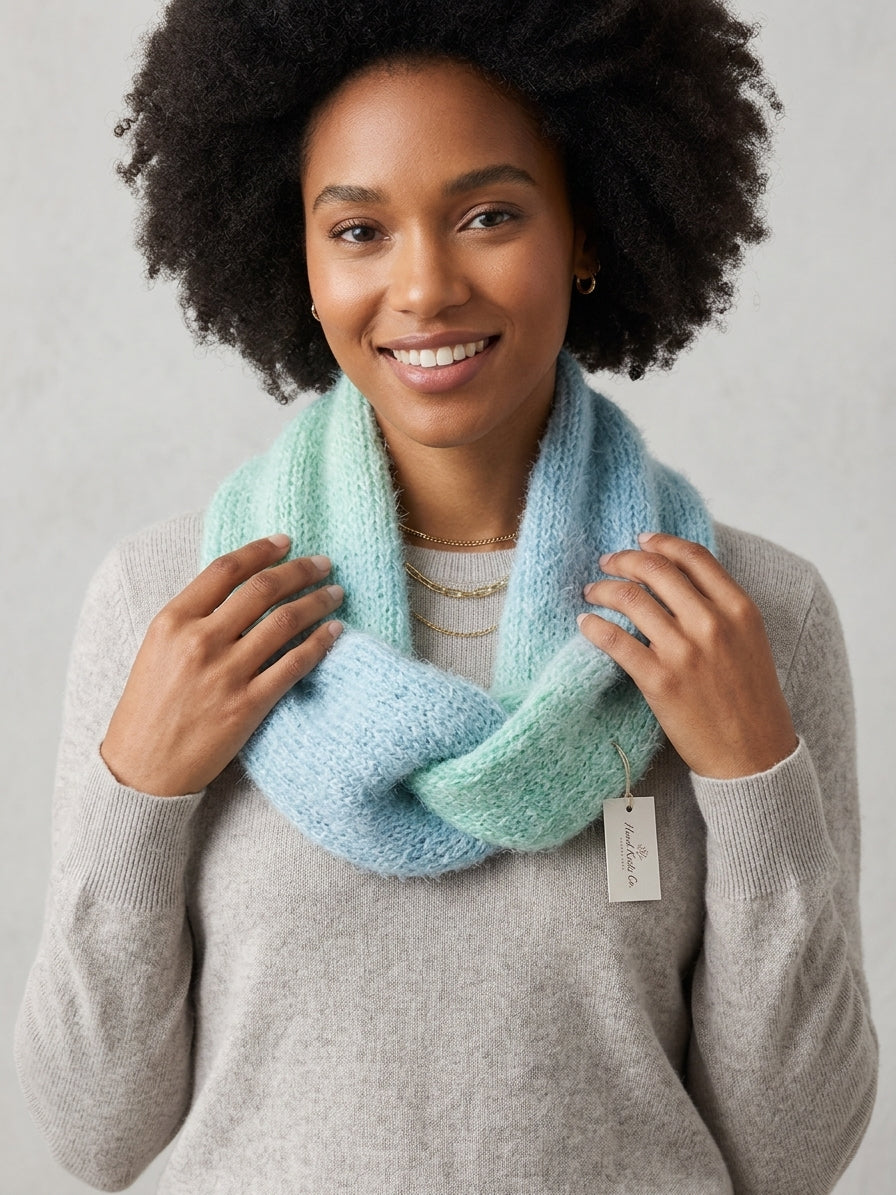 Hand-Knit Ombré Twisted Infinity Scarf – Mint & Seafoam Blue